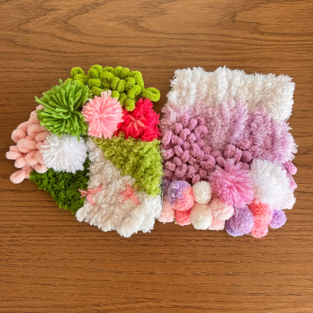 Two handmade moss coasters side by side, one inspired by strawberry matcha and one by taro boba, styled like café drinks. Set of two DIY kits by Otter's Art.