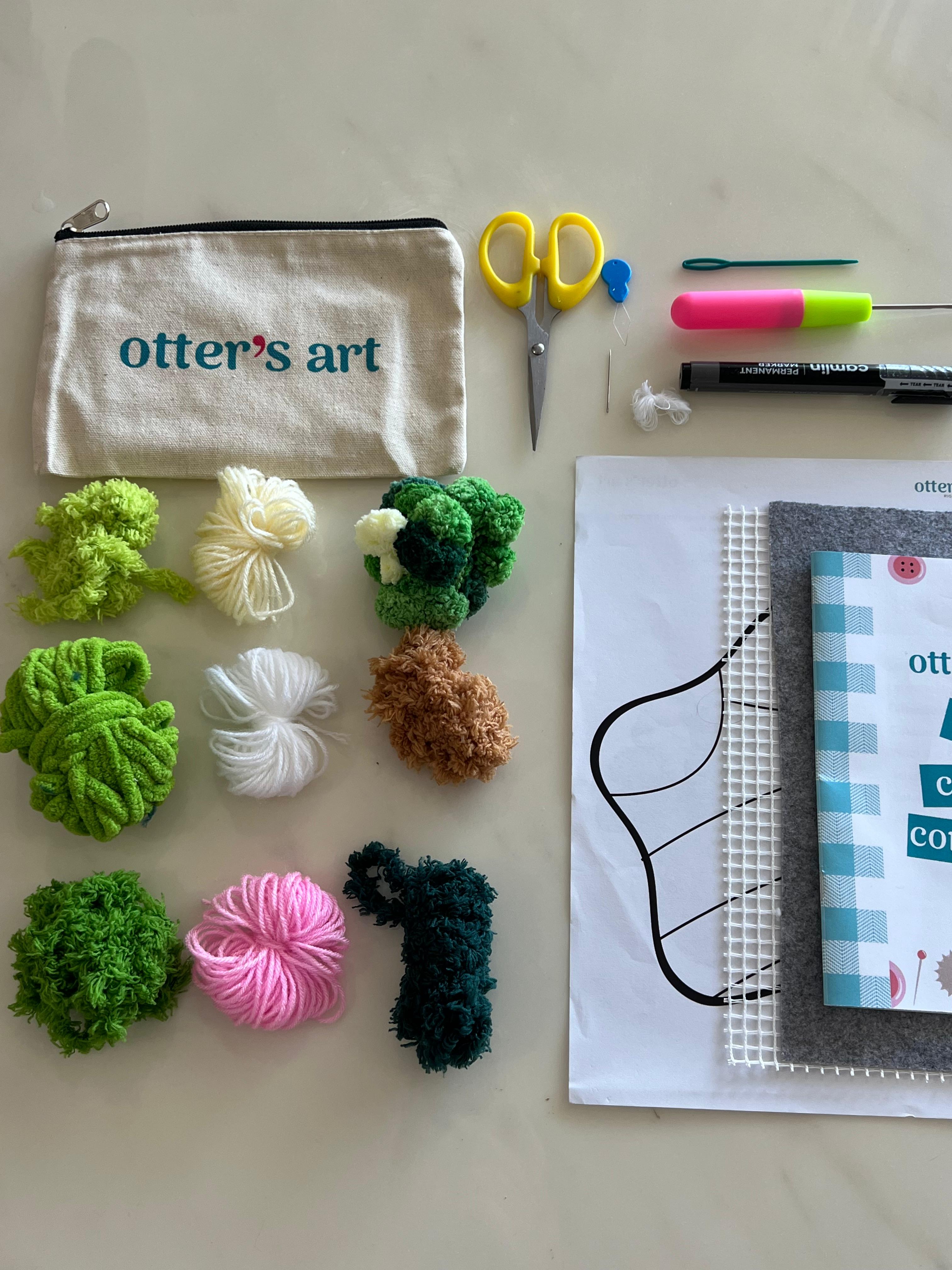 Otter's Art DIY kit contents- yarn, canvas, hook tools for Moss Muse coaster, template and manual and instructions