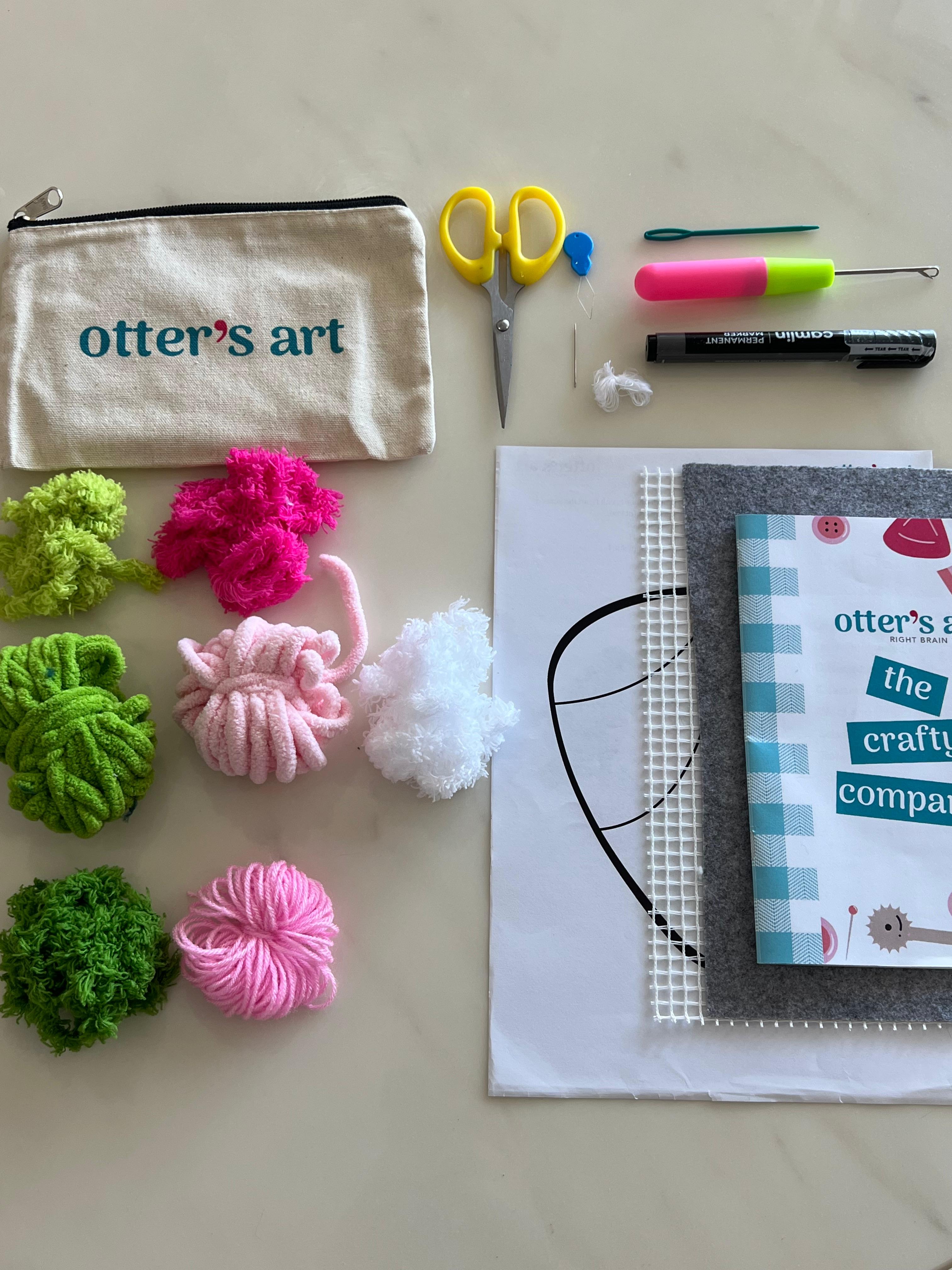 Otter's Art DIY kit contents, yarn, canvas, hook tool for Strawberry Matcha coaster