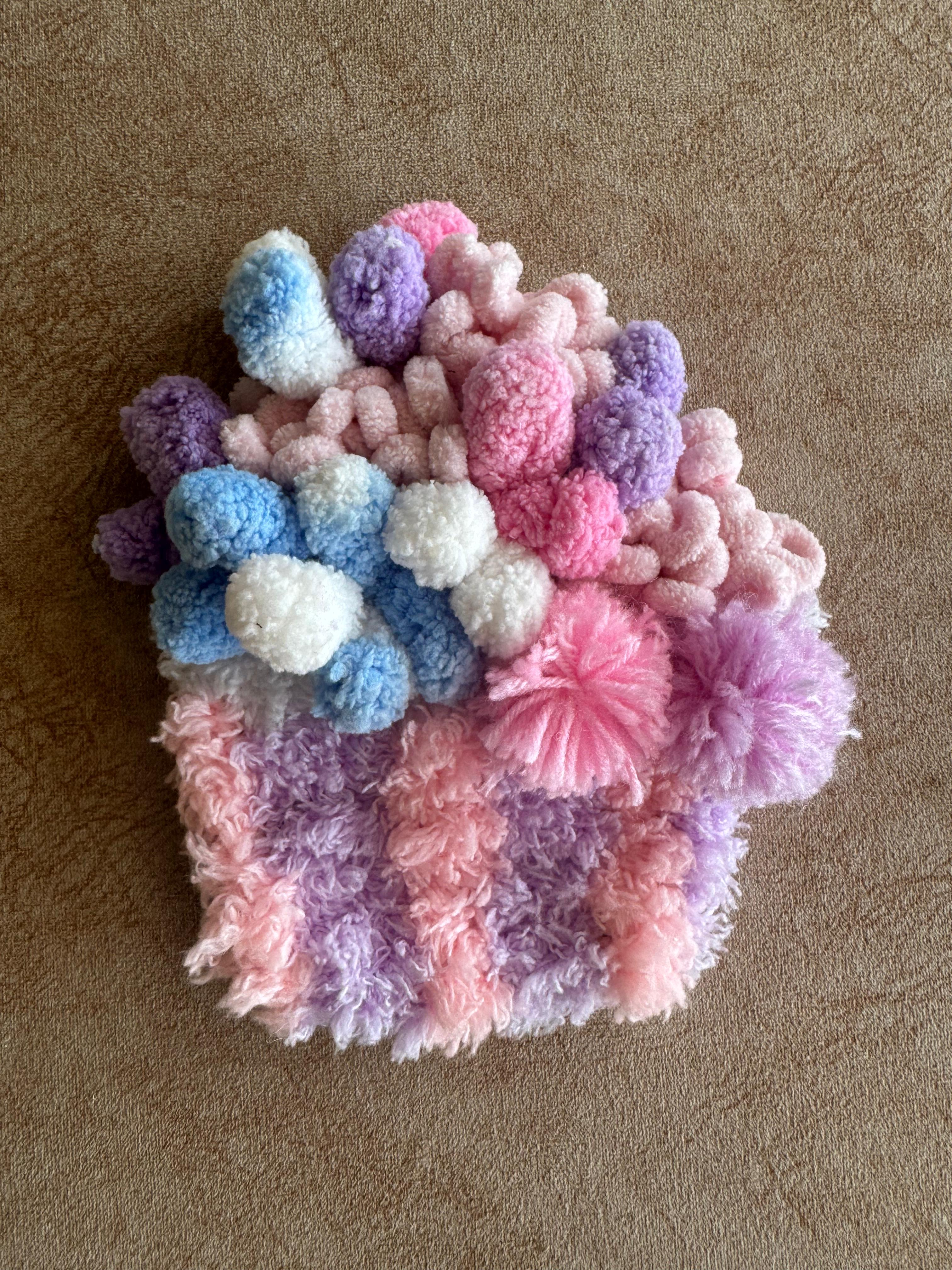 Finished Unicorn Cupcake moss coaster, pastel pink and purple design. Pastel Moss Coaster Kit.